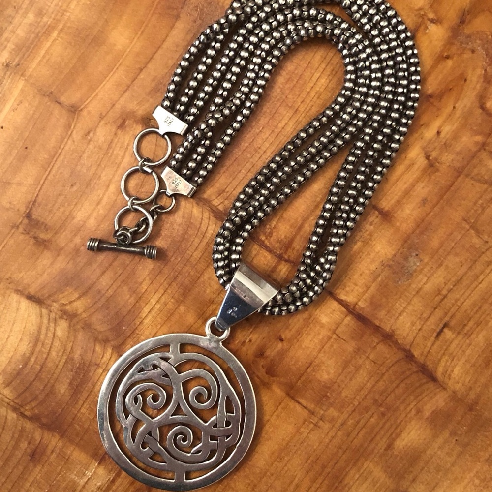 Vintage Silpada Silver Celtic Pendant on Triple Strand Popcorn Necklace